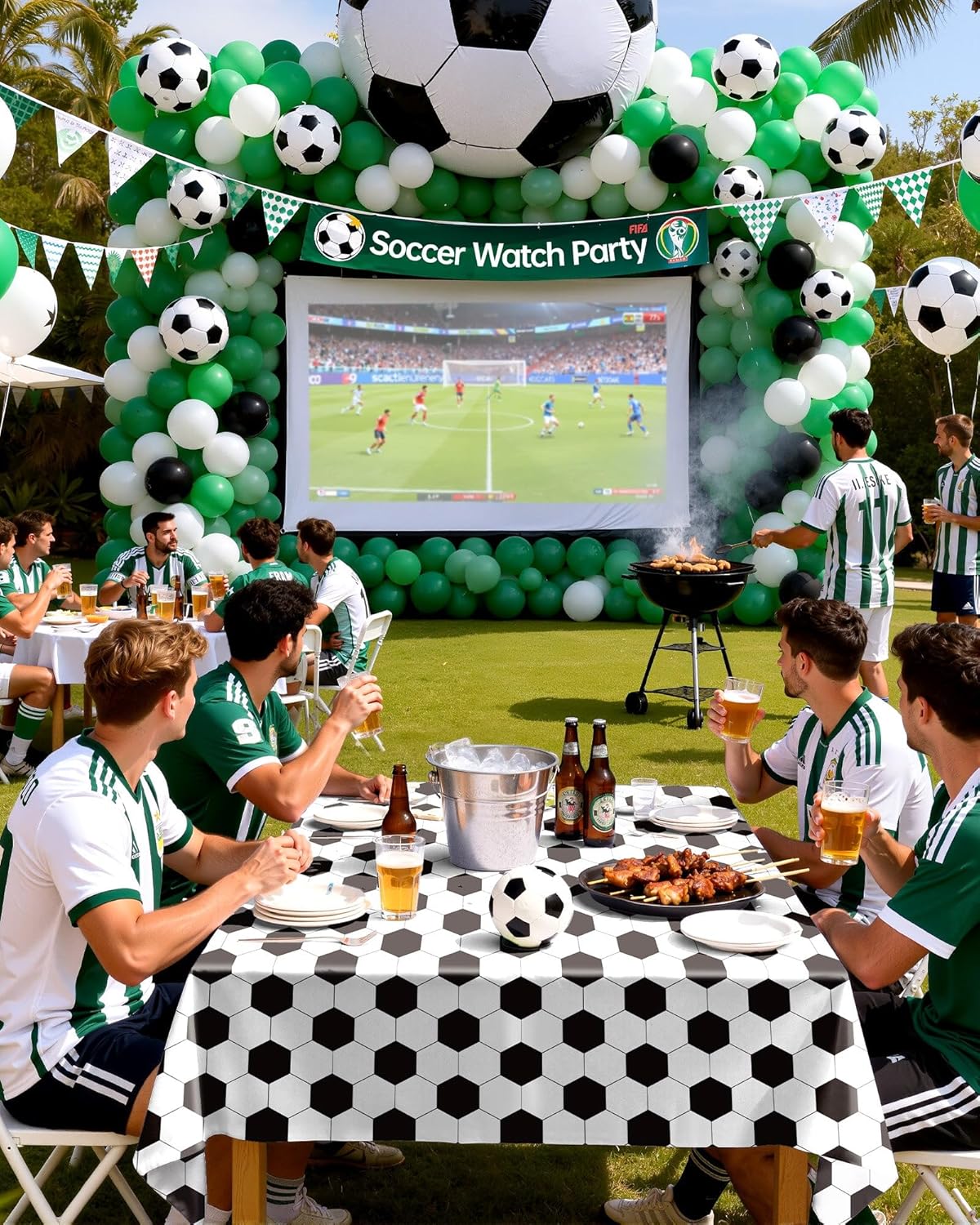 Pureegg Soccer Tablecloths - Disposable 8-Pack, Sturdy Leakproof Plastic Covers 54 x 108 Inch, Black & White