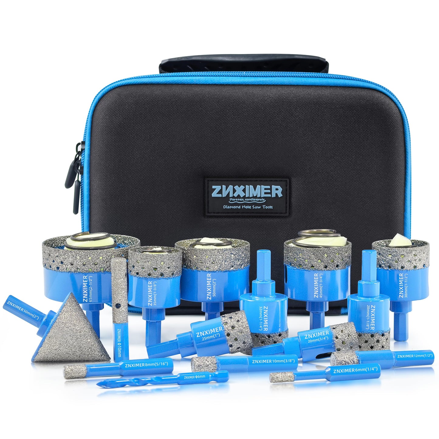 Tile Hole Saw Kit - ZNXIMER Diamond Hole Saw Kit for Tiles, Ceramic, Granite, Marble, Glass, Gypsum and More Drilling - 16pcs Tile Drill bit (6/8/10/12/20/25/28/32/35/38/45/50/65MM/2/6/10MM)