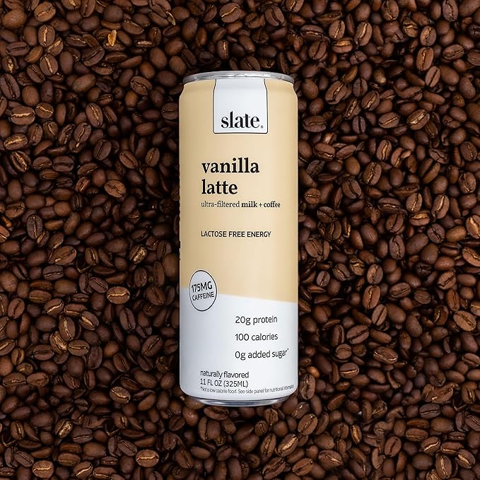 Slate Milk - High Protein Iced Coffee - Vanilla Latte - 175mg Caffeine, Lactose Free Energy - 20g Protein, 1g Sugar, 100 Calories, 1g Net Carbs, No Sugar Added - Protein Coffee - 11 fl oz, 24 Cans