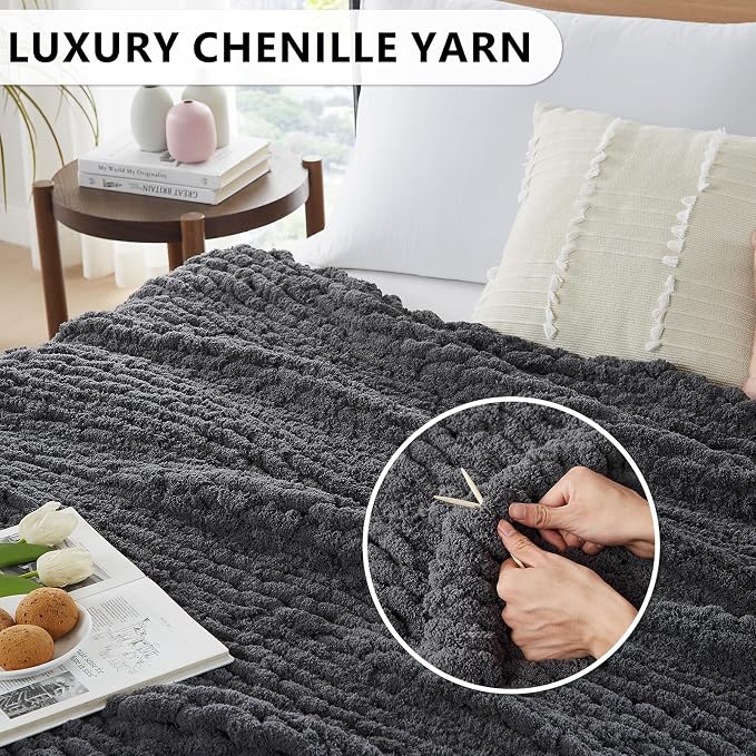 L'AGRATY Chunky Knit Blanket Throw: 80''x90'' Chenille Chunky Knitted Throw Blankets for Bed Couch - Handmade Thick Big Cable Knit Blanket - Large Crochet Blankets for Home Decor(Dark Grey)