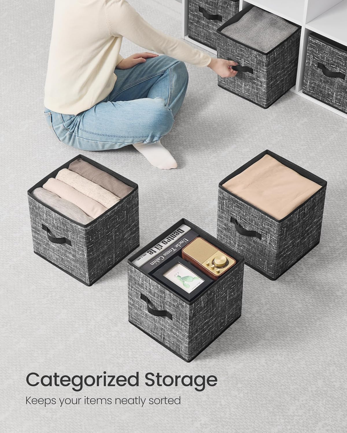 SONGMICS Storage Cubes - Foldable Non-Woven Fabric Bins with Double Handles | Set of 10, Ink Black, 10.2 x 10.2 x 11 Inches