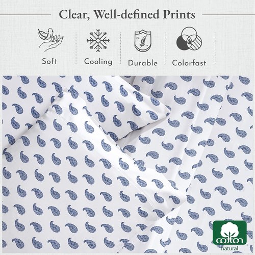 California Design Den Full Size Bed Sheets Set - 400 Thread Count 100% Cotton, Deep Pocket - Paisley Blue