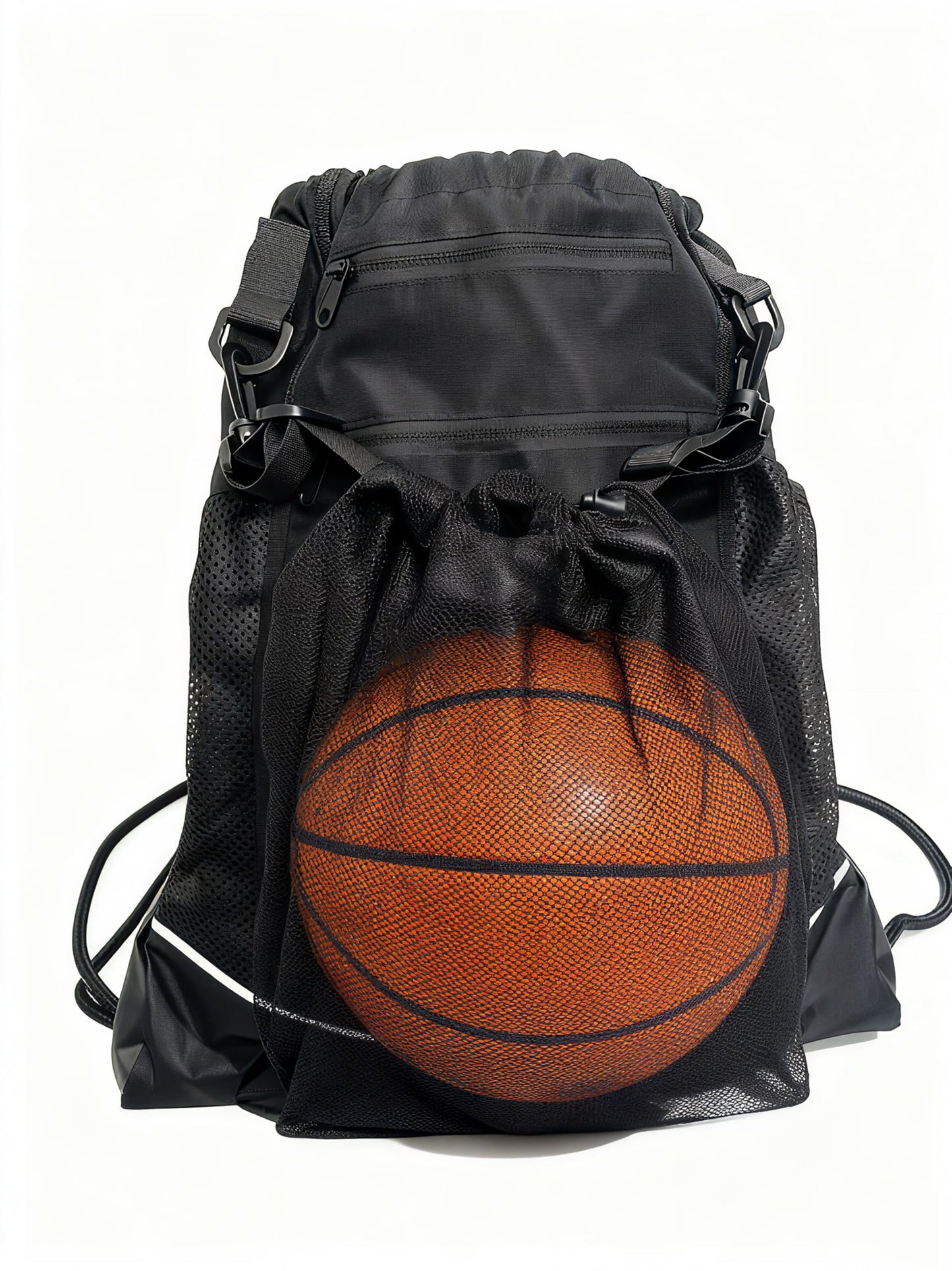 SSZYace Drawstring Basketball Backpack for Boys, Foldable Soccer Backpack with Detachable Ball Mesh Bag for Football Volleyball Baseball, Black