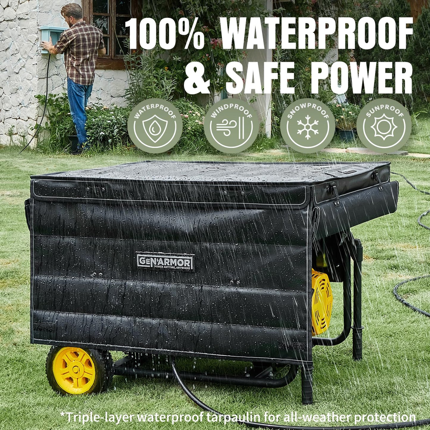GenArmor Generator Covers While Running, 100% Waterproof Heavy Duty Tarps Generator Tent, Portable Outdoor Generator Enclosure for Most 4000w~13000w Generators, Black, Standard