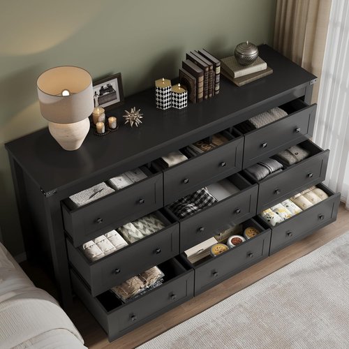 BORNOON 9-Drawer Dresser - Modern Wooden Storage Chest with Metal Handles for Bedroom & Living Room