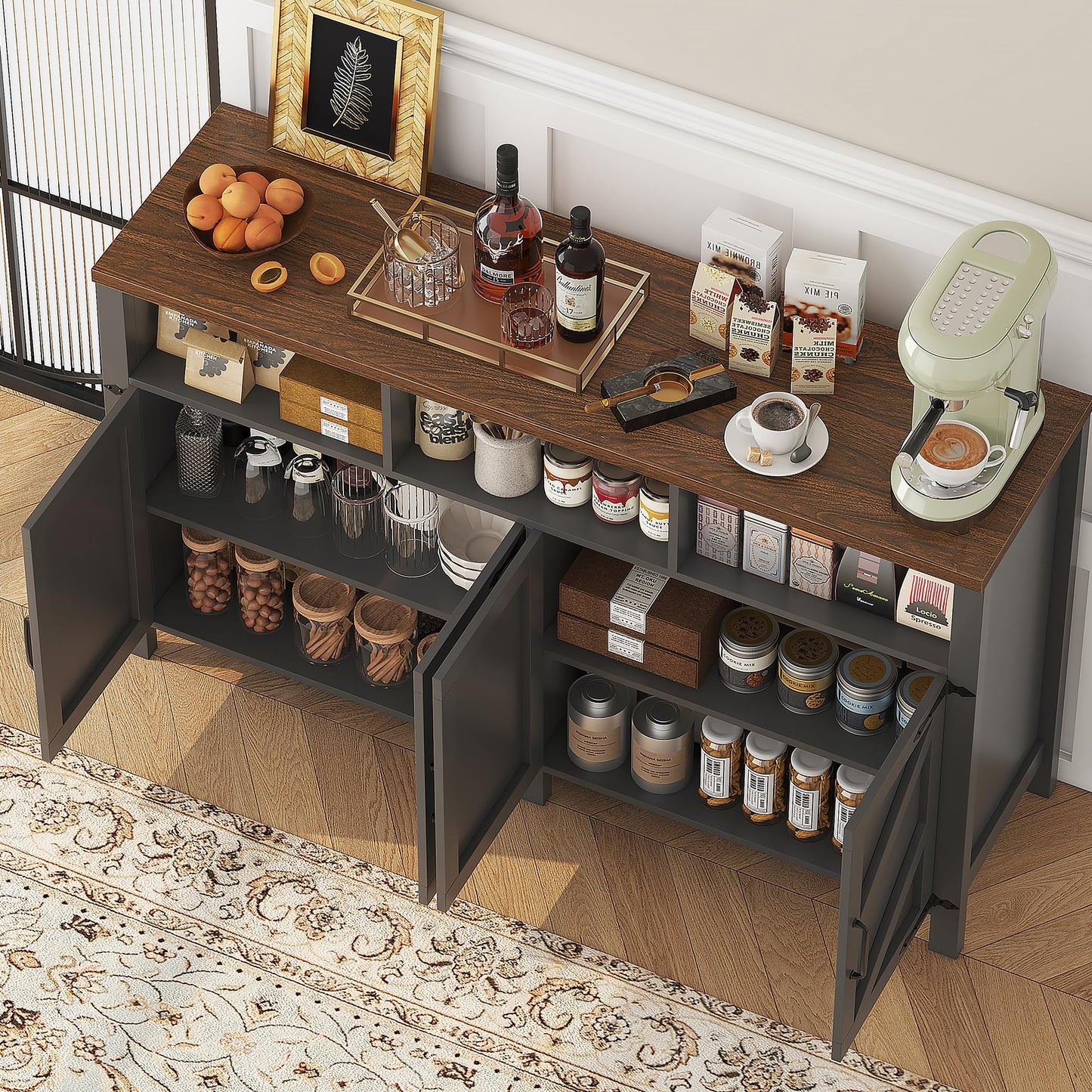 knoworld Buffet Sideboard with Storage Farmhouse with 4 Doors, 55'' Large Kitchen Storage Cabinet Wood Coffee Bar Cabinet Buffet Table with Shelves for Kitchen, Dining Room, Entryway (Black, 55 in)