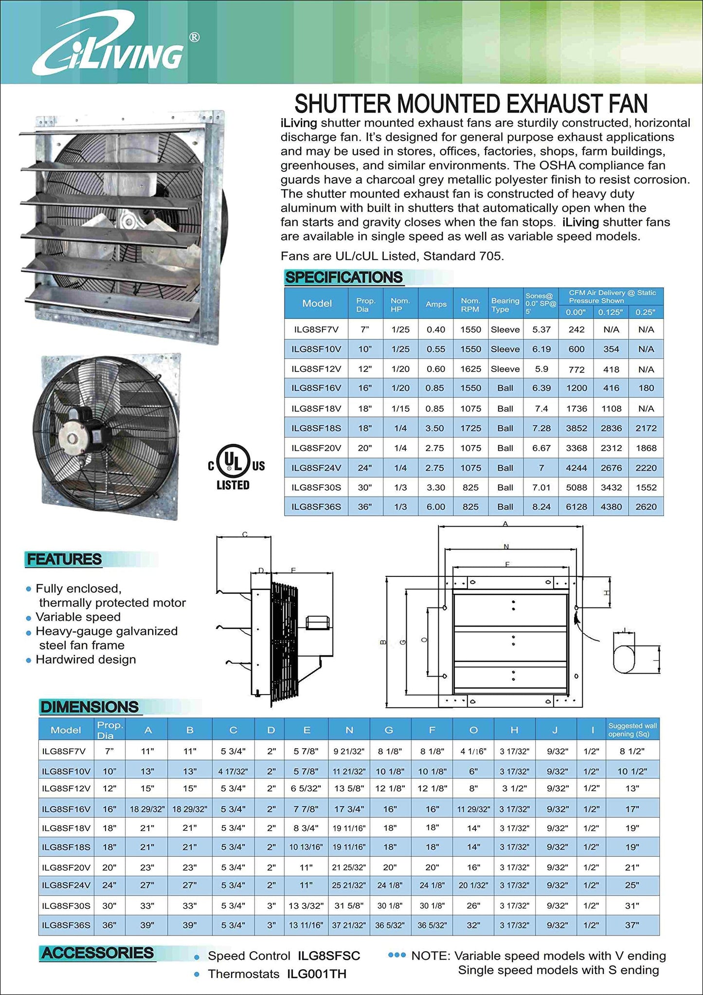 iLiving - 18" Wall Mounted Shutter Exhaust Fan - Automatic Shutter - Single Speed - Vent Fan For Home Attic, Shed, or Garage Ventilation, 3852 CFM, 5800 SQF Coverage Area, Silver (ILG8SF18S)