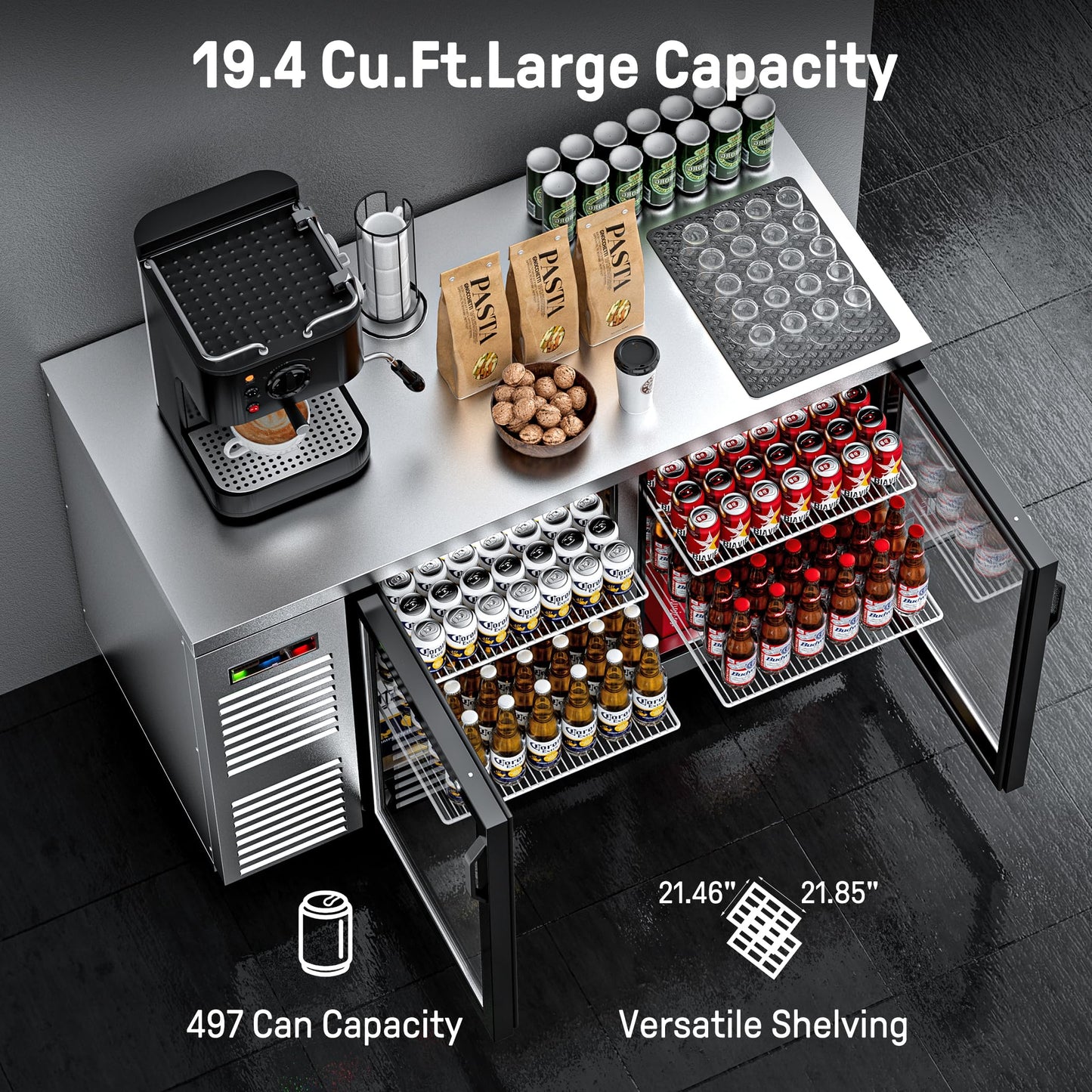 Coolake 19.4 Cu.Ft. Commercial Back Bar Cooler, 60” Stainless Steel Top Counter Height Back Beverage Refrigerator, 33-41℉, 2 Glass Doors Beverage Cooler for Beer Ales Soda