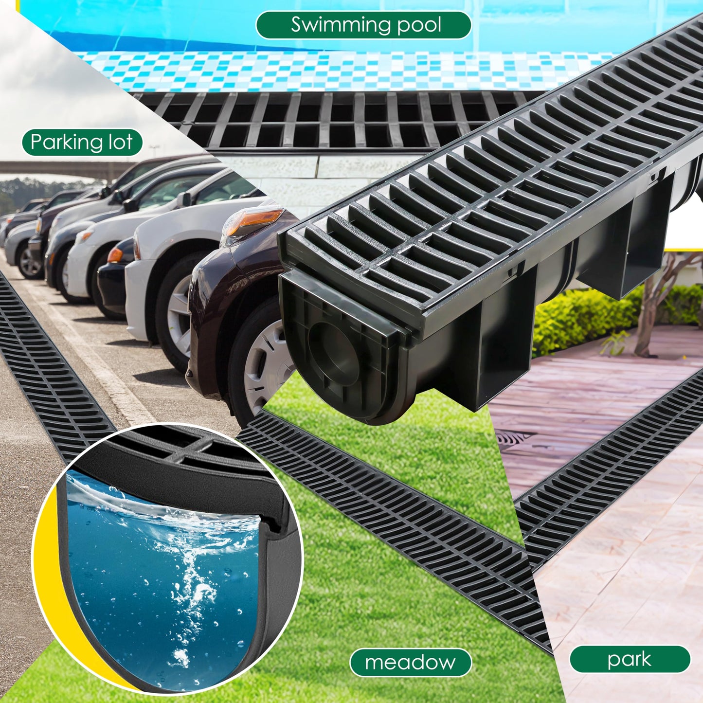 Goldshire Trench Drain System with Plastic Grate, 6 Packs HDPE Channel Drainage, 39.4" x 5.9" x 5.1" Garden Drain, Total Length 236.4 Inch for Driveway Yard Pool Sidewalk Patio (6, 5.9 x 5.1 Inch)