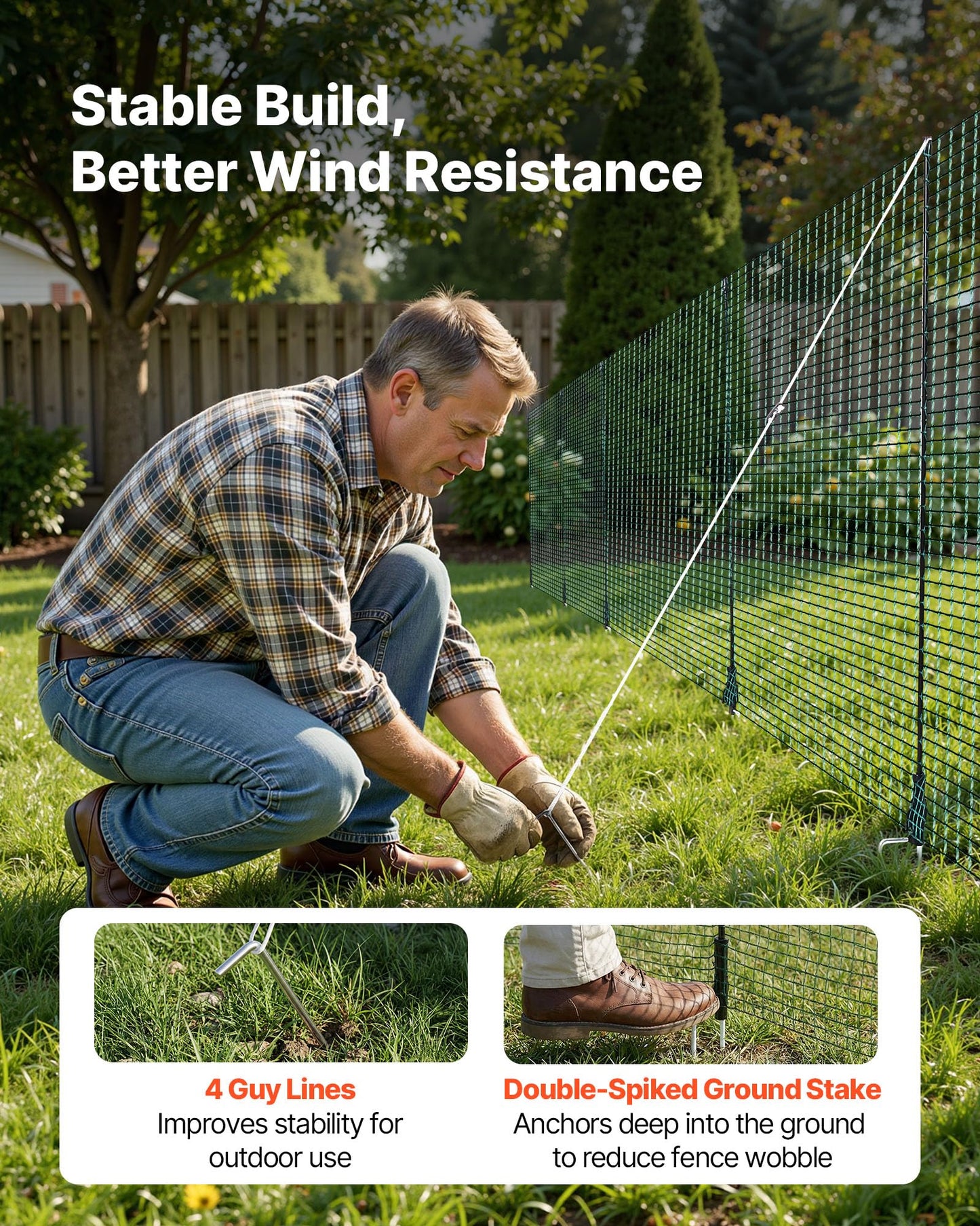 VEVOR Temporary Fence with Posts, 3 x 164 FT Plastic Mesh Fencing, Garden Safety Fences Netting with Double-Spike Stakes & Guy Ropes, Temporary Fence for Dogs, Chickens, Plants, Outdoor Yards