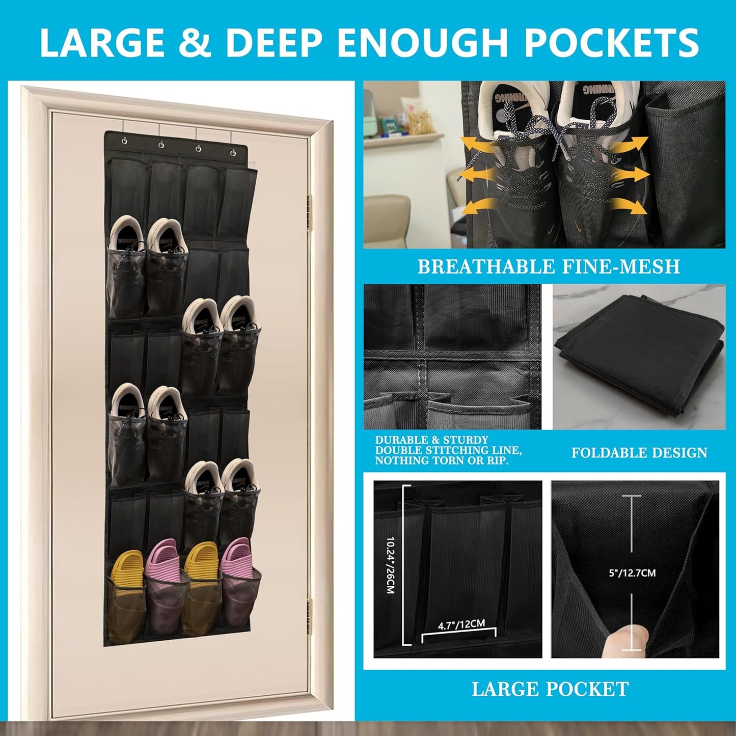 SimpleHouseware Over The Door Shoe Organizer - 24 Large Mesh Pockets for Sturdy Storage | Black