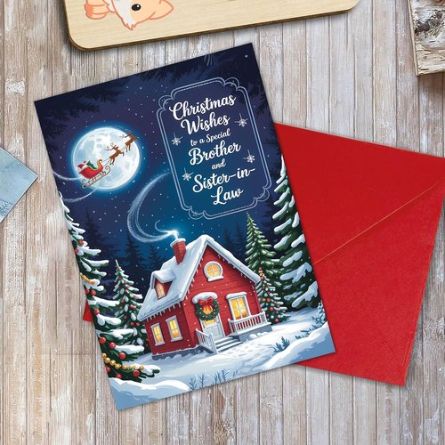 Christmas Wishes Card for Brother & Sister-in-Law - Cozy Winter Cottage Design | Festive 5.3''x8'' with Red Envelope