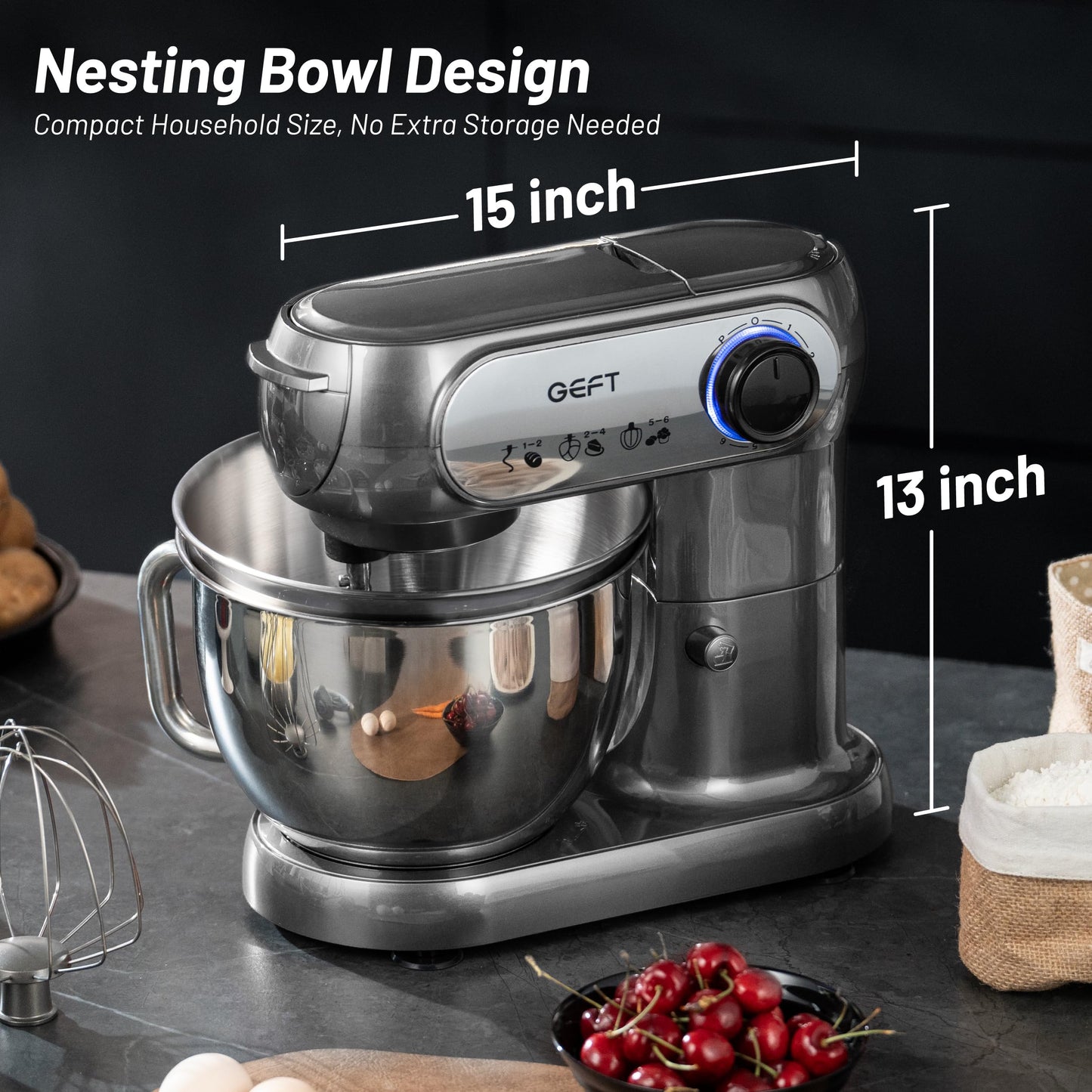 GEFT Stand Mixer, 3.5QT+6QT Two Bowls Kitchen Electric Mixer, 600W 6+P speed Tilt-Head Food Mixer with Stainless Steel Bowl, Dishwasher-Safe Dough Hook, Flat Beater, Wire Whisk, Splash Guard, Grey