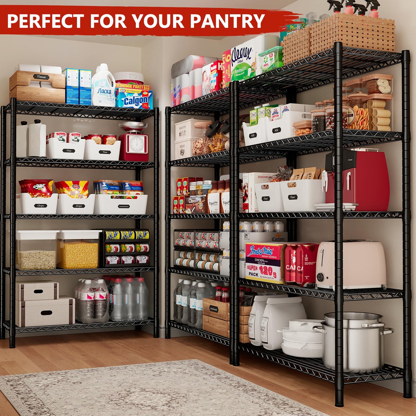 REIBII Storage Shelves Load 1980LBS,5 Tier Metal Shelving Unit with Wheels,Adjustable Wire Shelving Metal Storage Shelves Commercial Shelf for Garage Pantry Kitchen,76''HX36''WX16''D Black