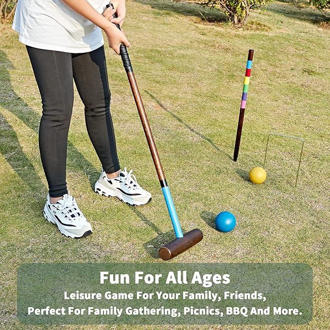 Six Player Croquet Sets, 35’’ Croquette Set with Premium Wooden Mallets/Colored Balls/Wickets/Stakes/Carrying Bag, Lawn Backyard Outdoor Game for Teenager Adult Family