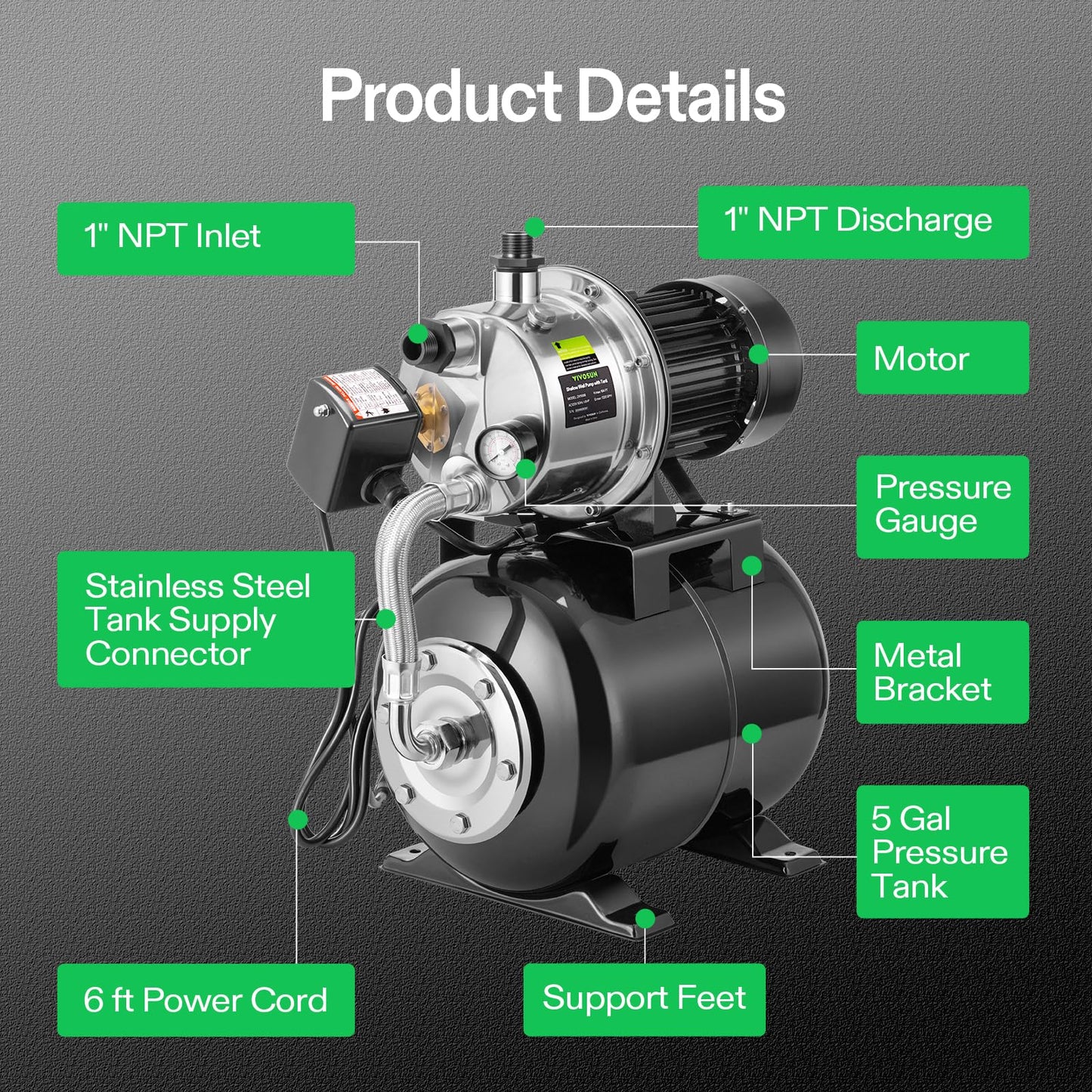 VIVOSUN 1.6 HP Shallow Well Pump with Pressure Tank, NSF Certified, 1320 GPH, Stainless Steel, Automatic Water Booster Jet Pump with Two Adapters for Home, Garden, Lawn