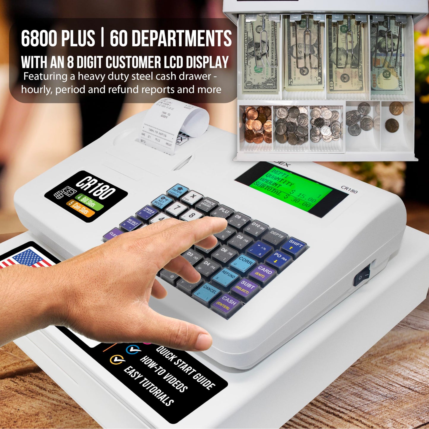 Nadex CR180 Electronic Cash Register, Steel Cash Drawer, Compact Design, White