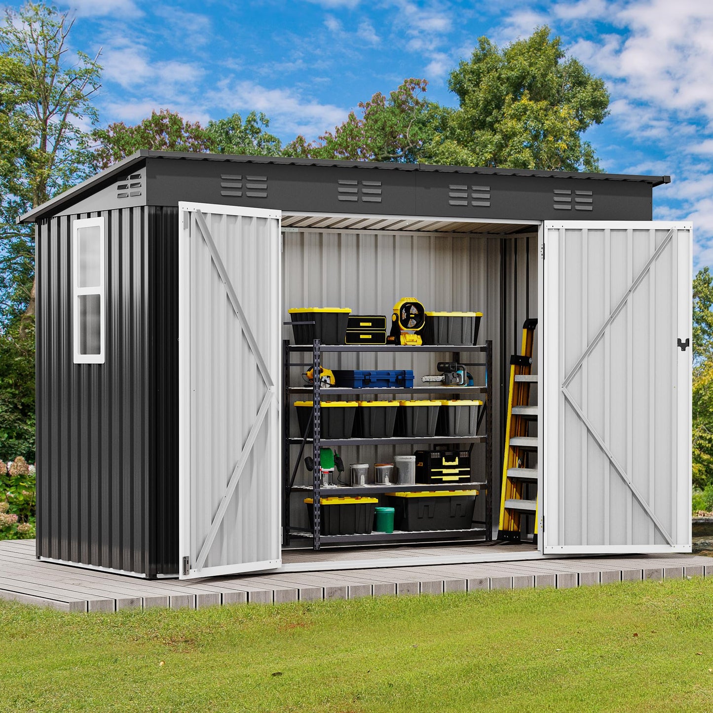 DWVO 9x4ft Large Tool Storage Shed with Window, Lockable Doors, and Sloped Roof, Oversized Steel Outdoor Storage Shed for Garden, Patio, Garage, Backyard, Lawn - Dark Gray