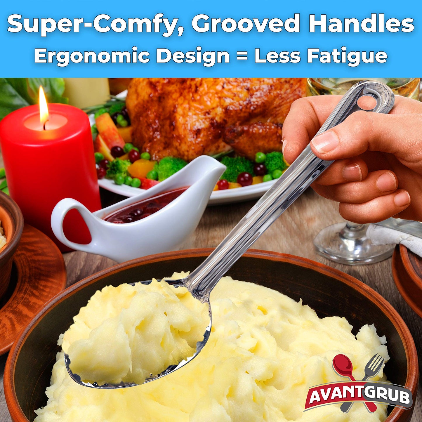 Super Strong, Ergonomic 11 in Serving Spoon 5 Pk. Big, Slotted Stainless Steel Spoons for Cooking, Baking and Basting. Best Kitchen Flatware for Buffet and Banquet Service in Restaurants and Homes