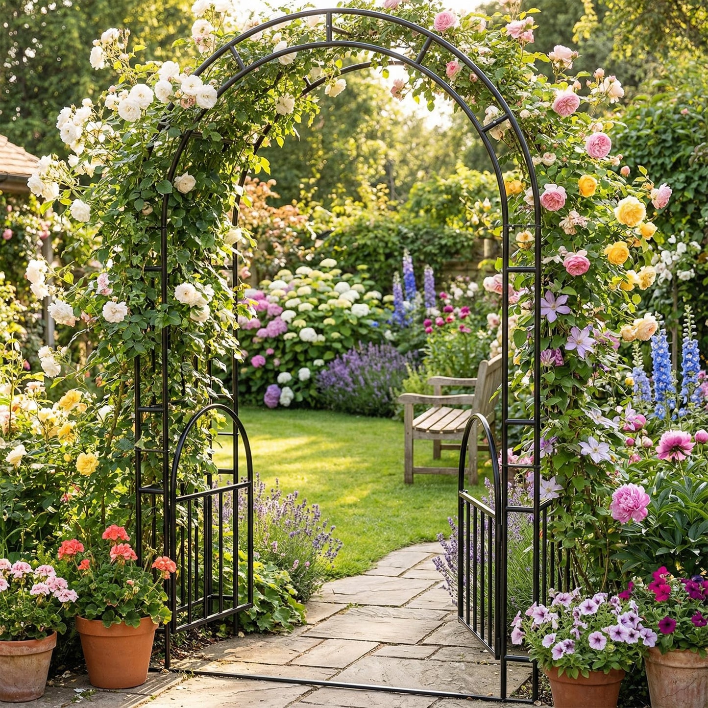 Kinchoix 7FT Garden Arch Arbor Heavy Duty Metal Arbour Archway Garden Arch Trellis for Climbing Plants Outdoor