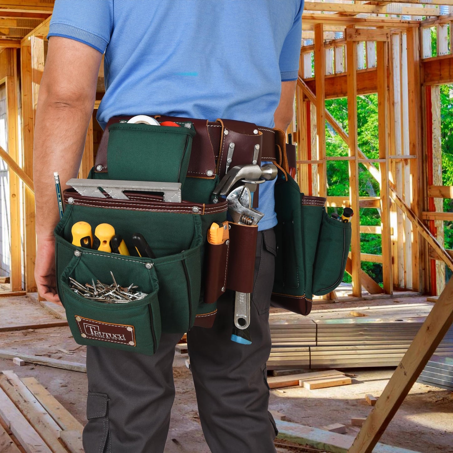 TRUTUCH Nylon and Leather Tool Belt | Framing Tool Bags/Pouch | for Carpenter, Construction, Framers & Electrician (Green)