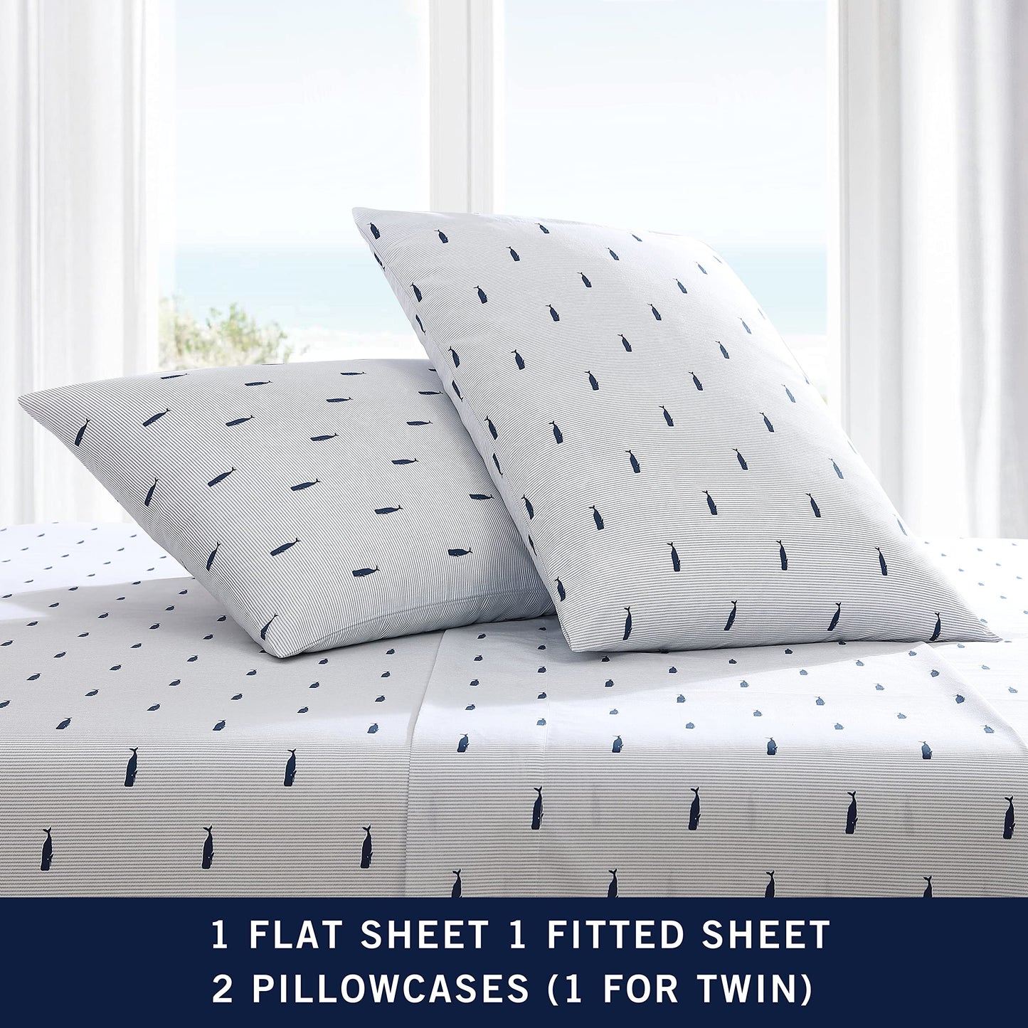 Nautica - Twin XL Size Sheet Set, Crisp Cotton Percale Bedding with Matching Pillowcase, Fully Elastic Fitted Sheet, Deep Pocket, Nautical Room Decor, Breathable All-Season Comfort (Whale Stripe Blue)