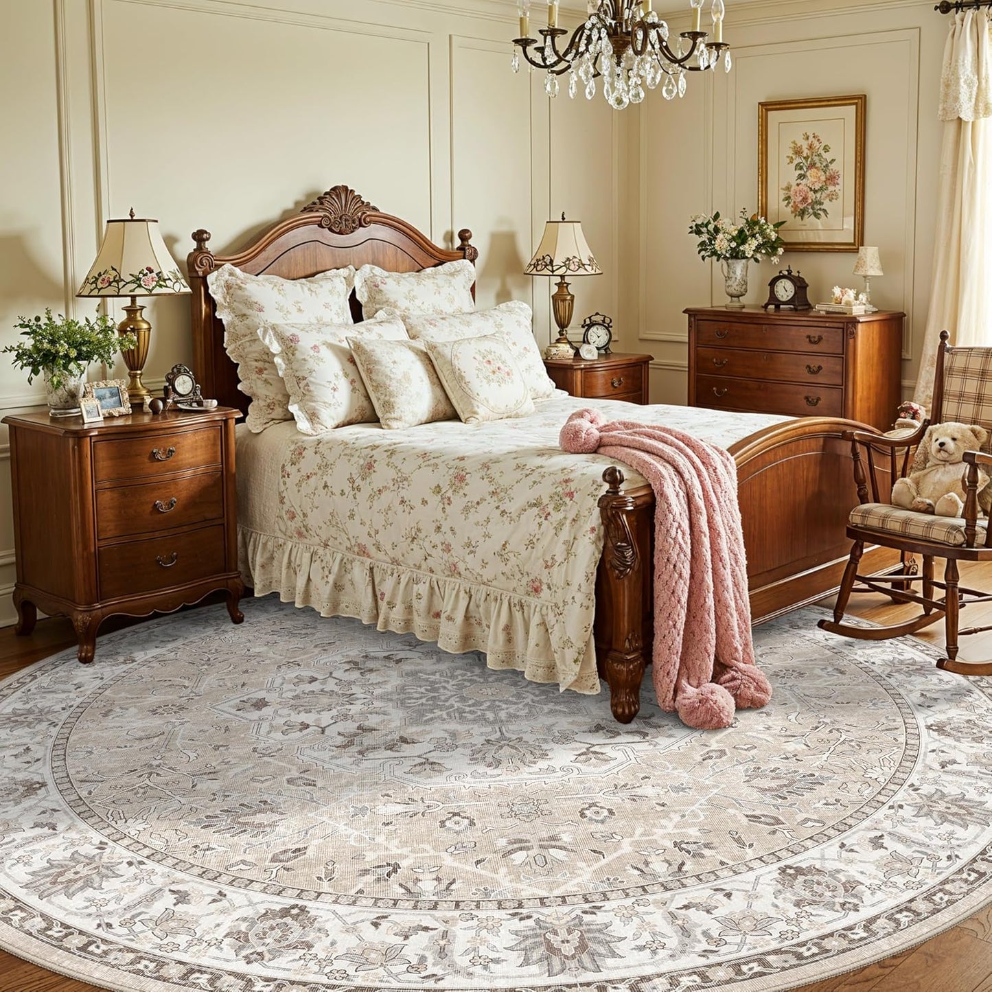 Skiennix Washable 6ft Circle Rug - Soft Low-Pile Area Rug for Living Room, Bedroom, Nursery | Beige