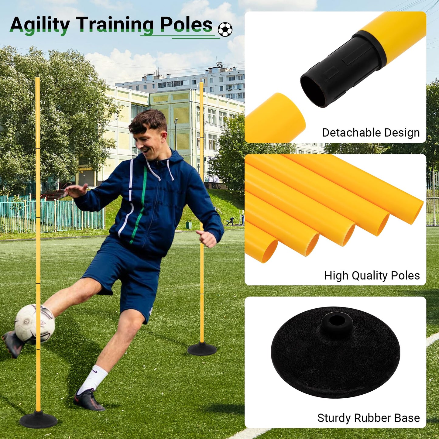 Neoaider 6 FT Agility Poles for Soccer, Basketball, Football, Equestrian, Pet Training, 4 Pack Detachable Soccer Poles w/Rubber Bases, Pole Bending Poles for Horses, Indoor/Outdoor Use