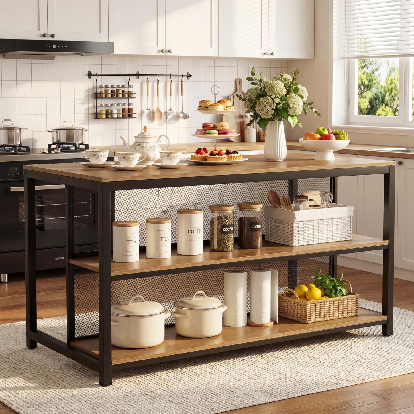 Tribesigns 63" Kitchen Island, Industrial Bar Table with Storage Shelves & Seating, Modern Farmhouse High Top Kitchen Dining Table with Metal Frame for Kitchen, Dining Room, Living Room, Bistro