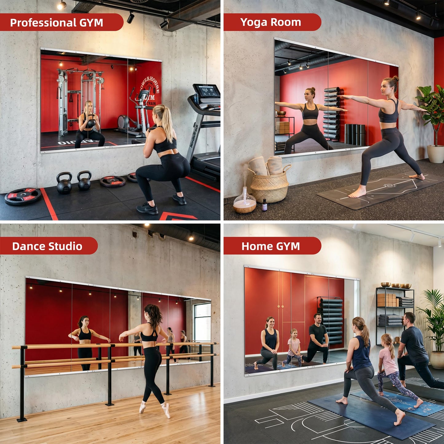 AMOISE Home Gym Mirror for Wall, 50"x25"-3PCS Frameless Tempered Glass Mirror, Large Full Length Mirror for Garage, Workout, Yoga Room, Dance Studio & Home Exercise