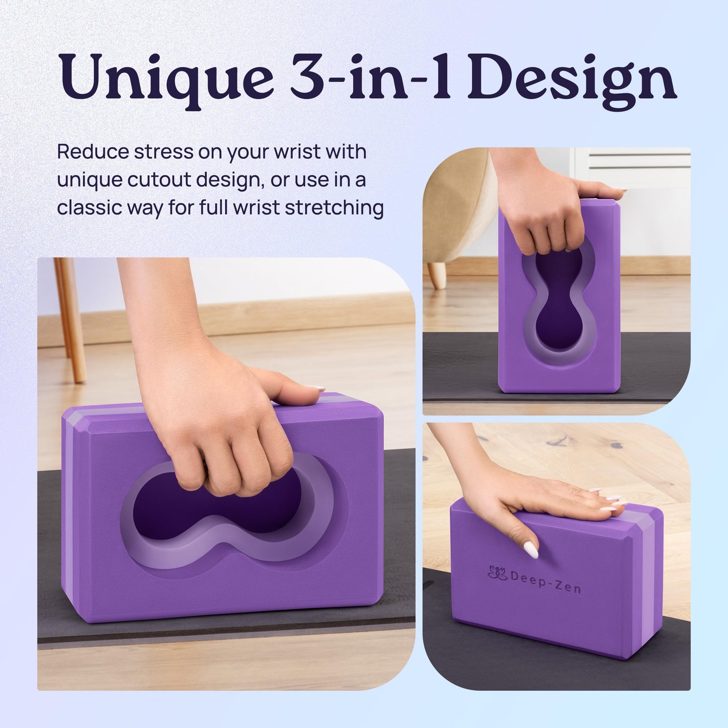 Deep-Zen® Yoga Blocks Wrist Support; Yoga Blocks 2 Pack with Knee Pads and Strap to Put Less Weight on Wrists; Durable, Versatile Yoga Brick Exercise Block Set, Blocks Yoga (Purple)