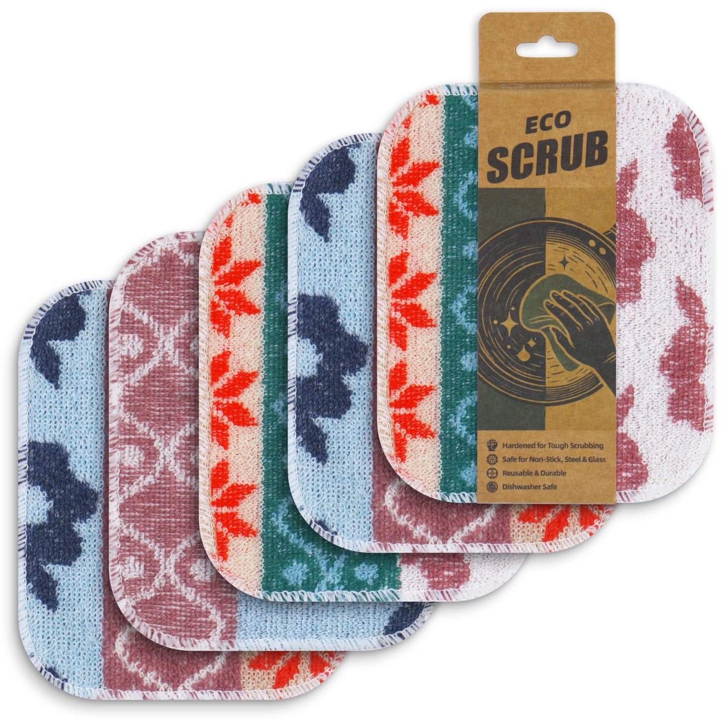 Amarelle GEN II Dish Washing Scrubbers (5-Pack), Made in Green Kitchen Scrubbers for Dishes, Non Scratch Pot & Pan Scrubber, Dual-Sided Heavy-Duty Scouring Pads, Reusable (Nordic Folk)