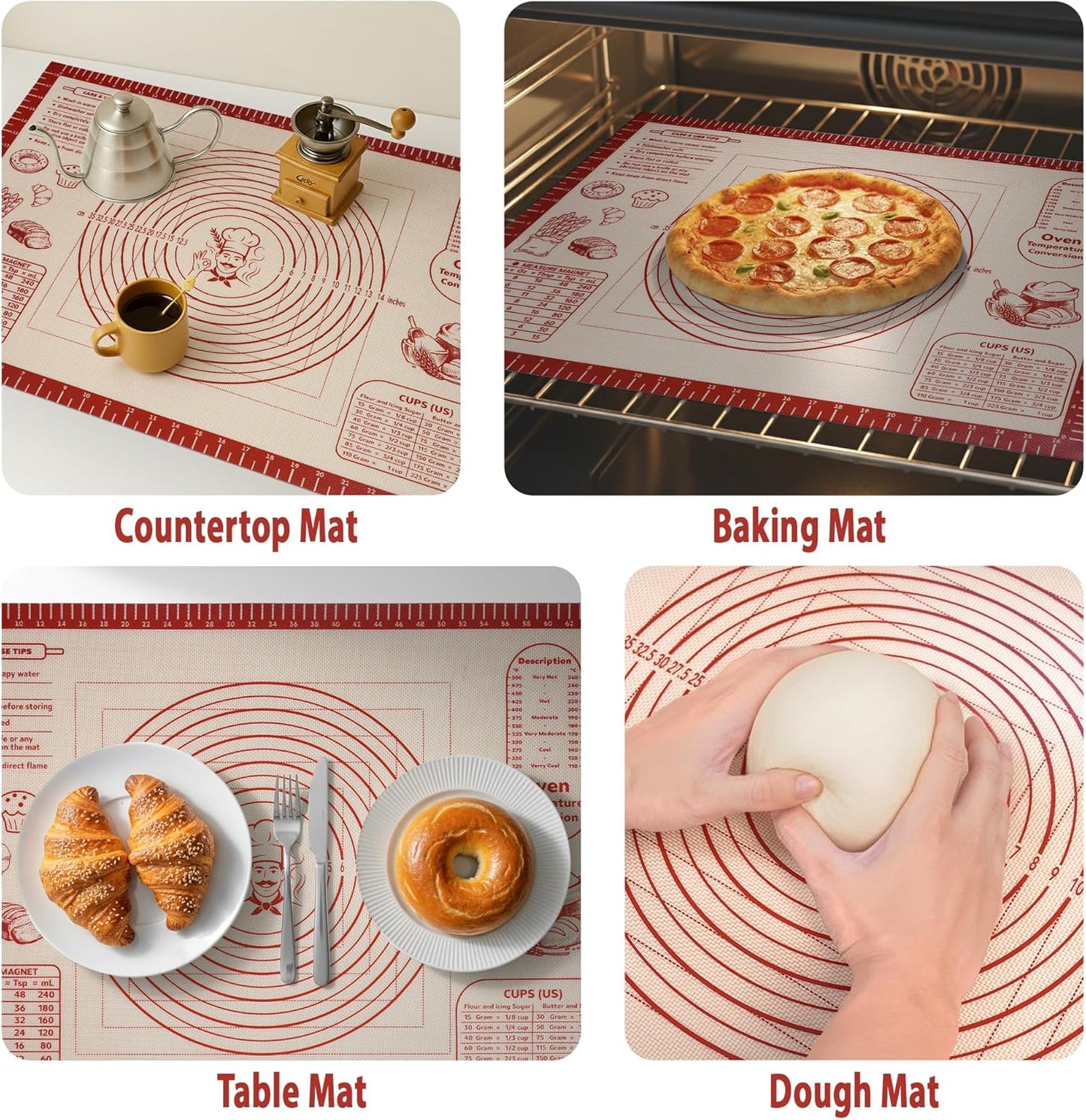 Skiennix Silicone Baking Mat - Non-Slip Dough Rolling Mat with Measurement Guides | 20x28 Inch Reusable Kneading Board for Bread, Pizza, Cookies, Fondant