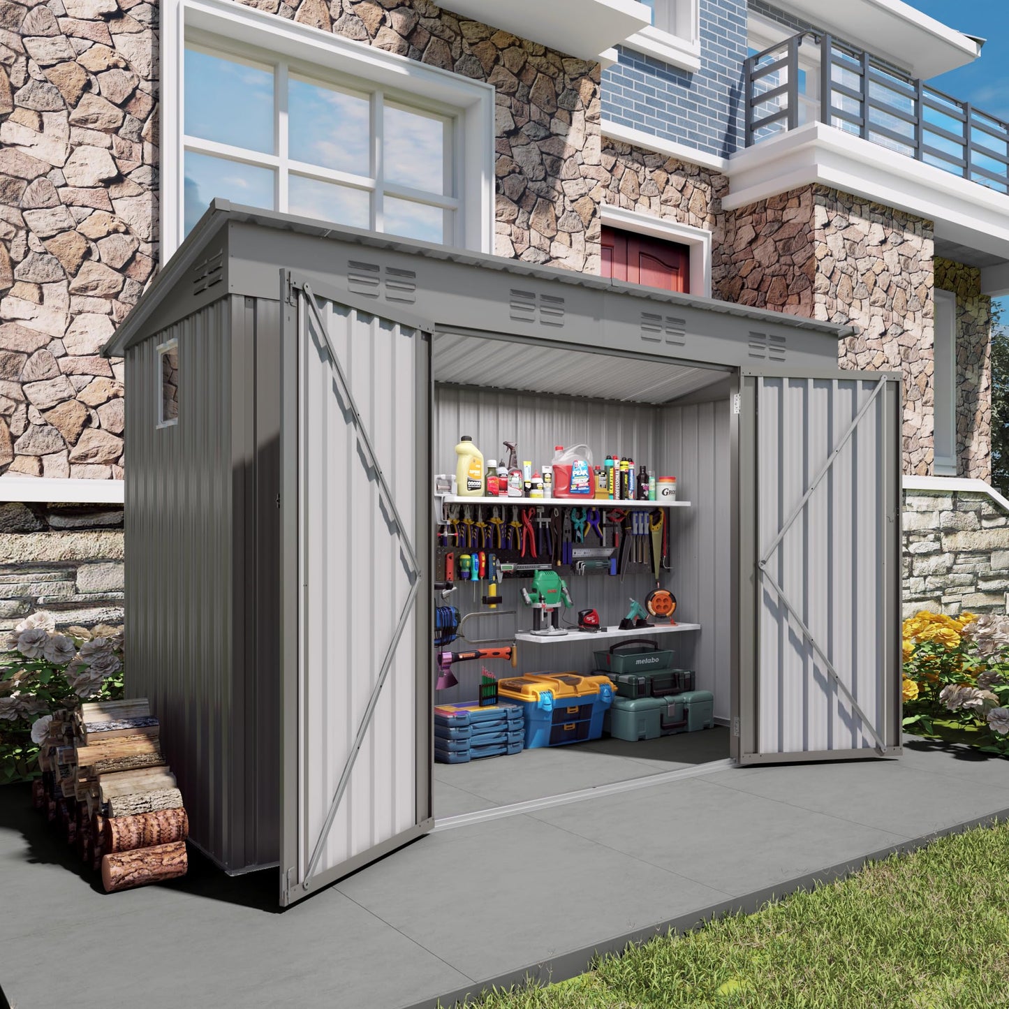 Outdoor Metal Storage Shed, Galvanized Steel Garden Shed with Sloped Roof & Vents, Waterproof Rust-Resistant Backyard Tool Shed for Patio Lawn Garden Trash Can Storage, Easy Assembly