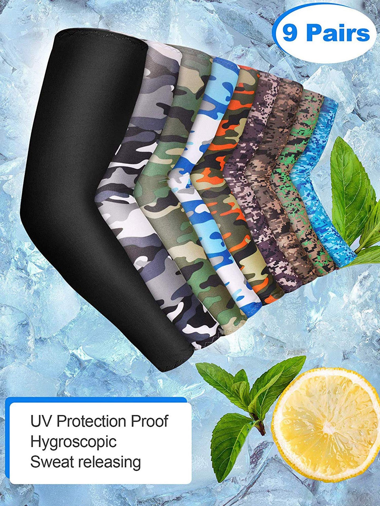 9 Pairs Unisex UV Protection Sleeves Arm Cooling Ice Silk Arm Cover Sleeves (Camouflage, Black)