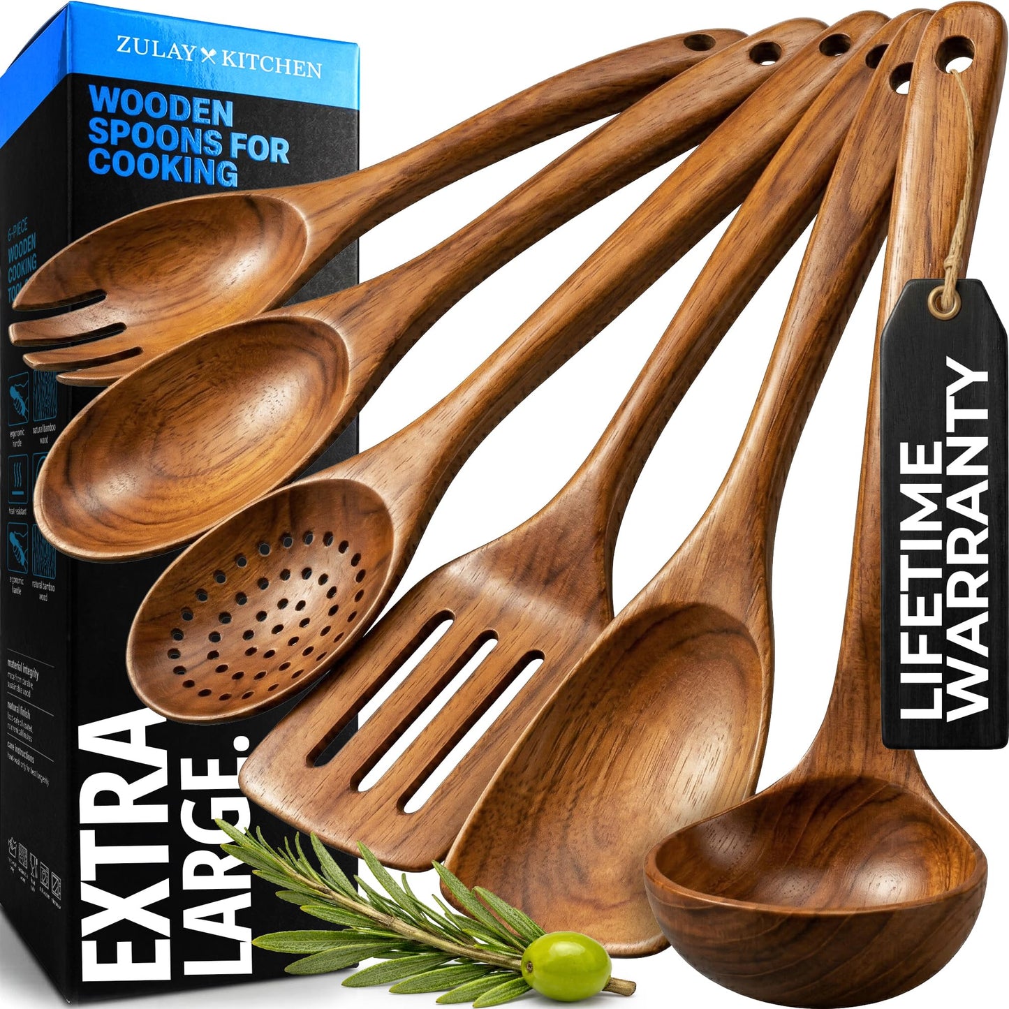 Zulay Kitchen Extra-Large 6-Piece Wooden Spoon Set - Smooth Teak Cooking Utensils - Comfort-Grip Non-Stick Turner, Spatula, Skimmer, Fork, Serving Spoon