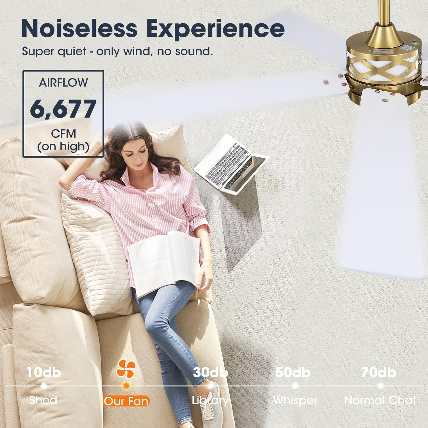 WINGBO 52" Smart Ceiling Fan with Lights, 5 Plywood Blades, 6 Speeds Reversible DC Motor, Works with Alexa and Google Assistant, 3CCT Dimmable LED Ceiling Fan for Bedroom Living Room, Brass and White