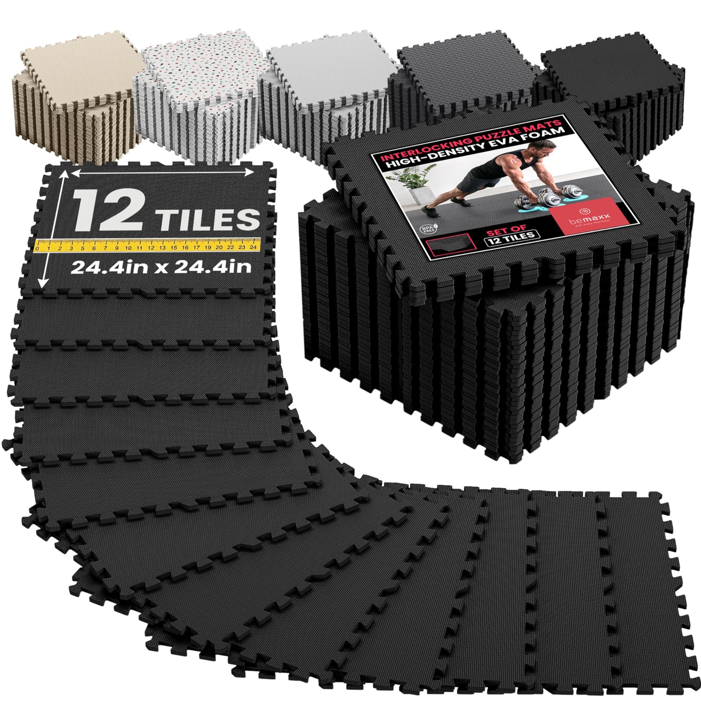 bemaxx Gym Mats Set - 12 pcs EVA Interlocking Foam Floor Tiles (24.4"x24.4"x0.4") 48 sqft Protective Gym Flooring Sports Home Workout Exercise Mats Puzzle Garage Fitness Play-Room Pool Treadmill Bike
