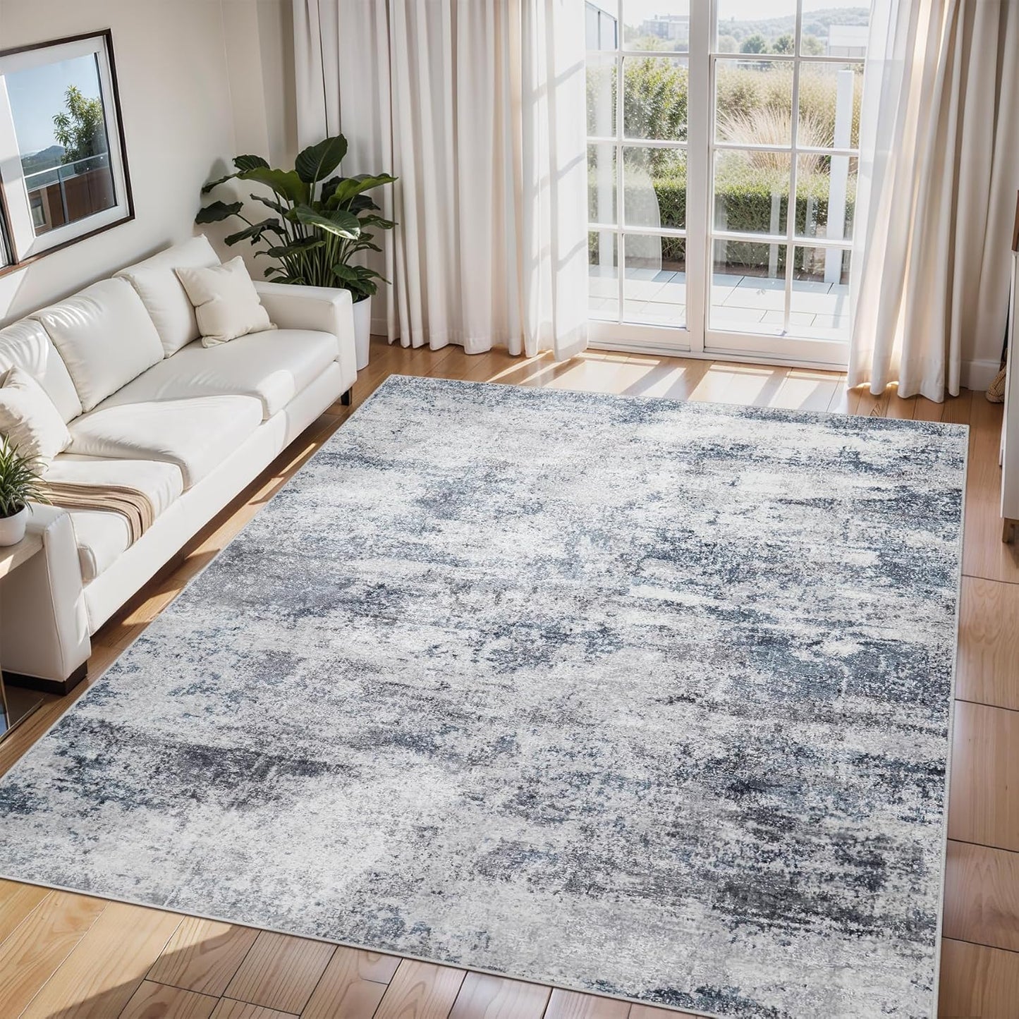 Skiennix 6x9 Area Rug - Washable Abstract Design for Living Room, Dining Room & Bedroom - Non-Slip Blue Grey