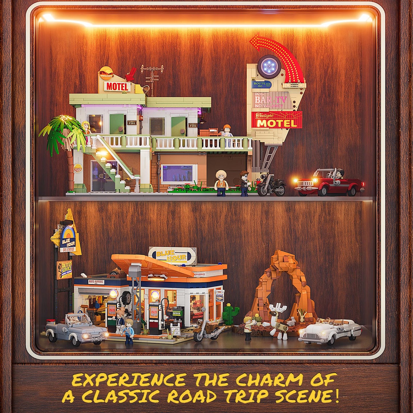 FUNWHOLE City Gas-Station Lighting-Building-Bricks Set - Road Trip Modular Car Service Station Collection LED Light Building Set 1608 Pcs for Adults, Teen and Travelling Enthusiasts