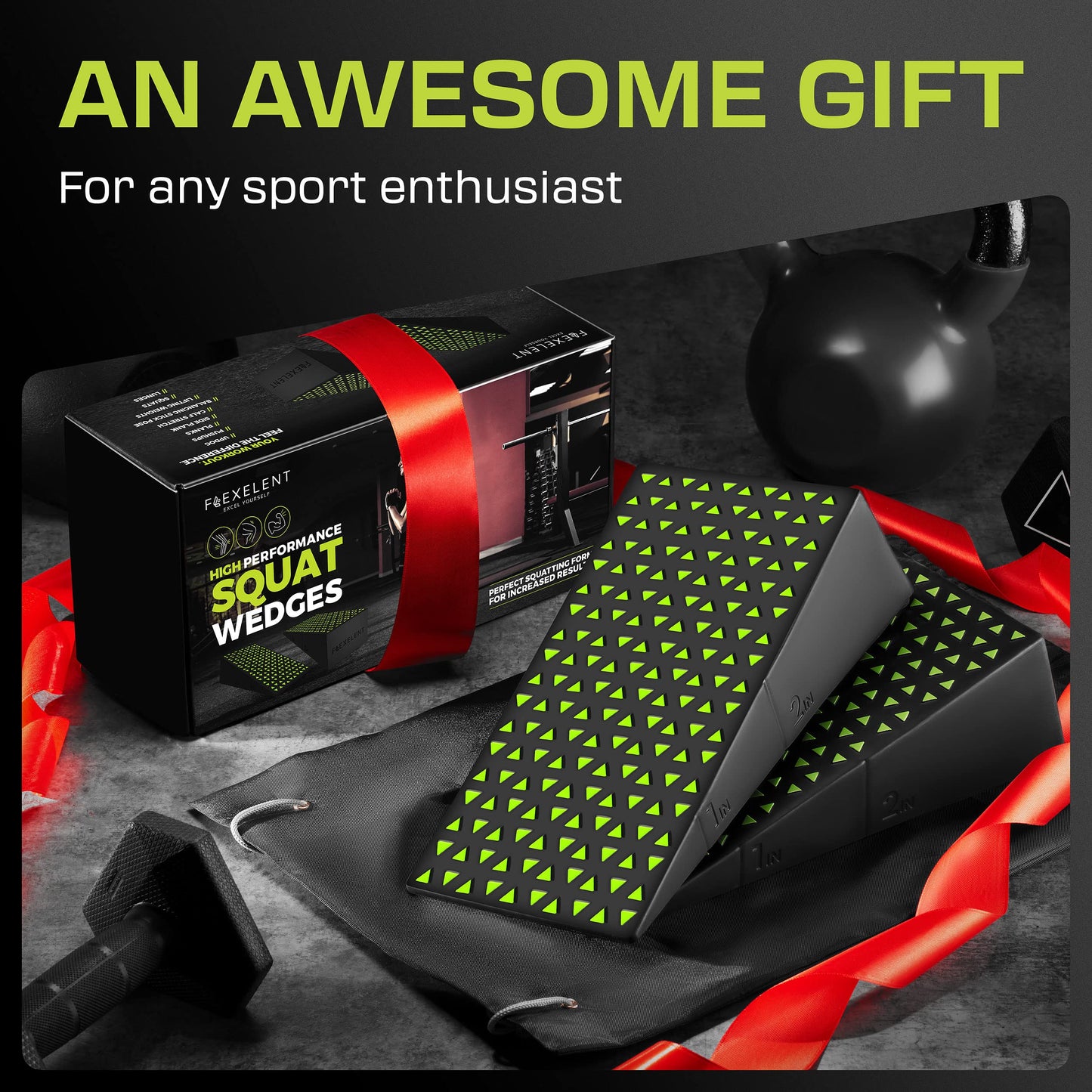 Flexelent Squat Wedge Block Pair - Heel Elevated Squat Wedge for Deeper Squats, Heavy Lifting and Better Form - 17° Angle Exercise Wedges, Slant Board for Squats with Carry Backpack - Lime Green