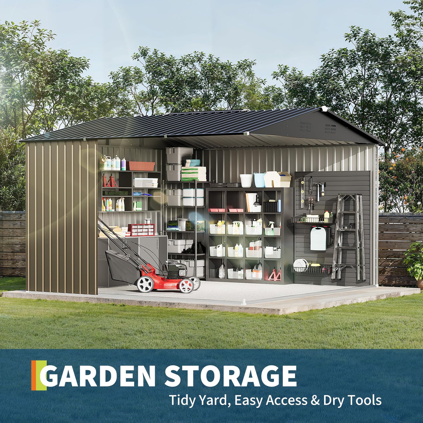 GarveeLife 10 x 10 FT Outdoor Storage Shed,Metal Garden Sheds&Outdoor Storage Clearance, Large Tool Shed Outdoor with Single Lockable Door,Ideal Storage House for Backyard Garden Patio Lawn