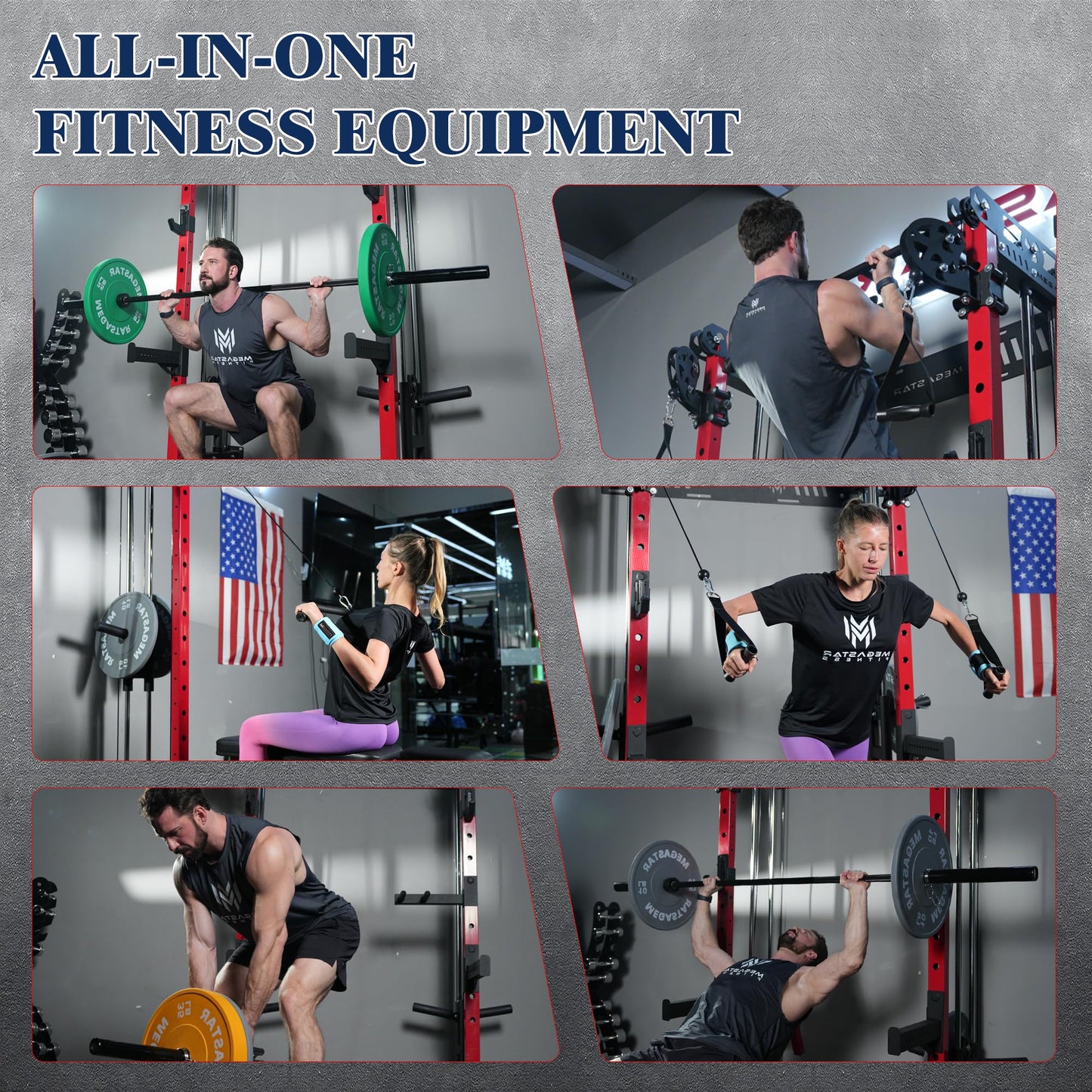 Power Cage, Folding Power Rack, 2000LBS Wall Mounted Squat Rack with Cable Pulley System, Landmine Attachment and Multi-Grip for Home Gym Small Space
