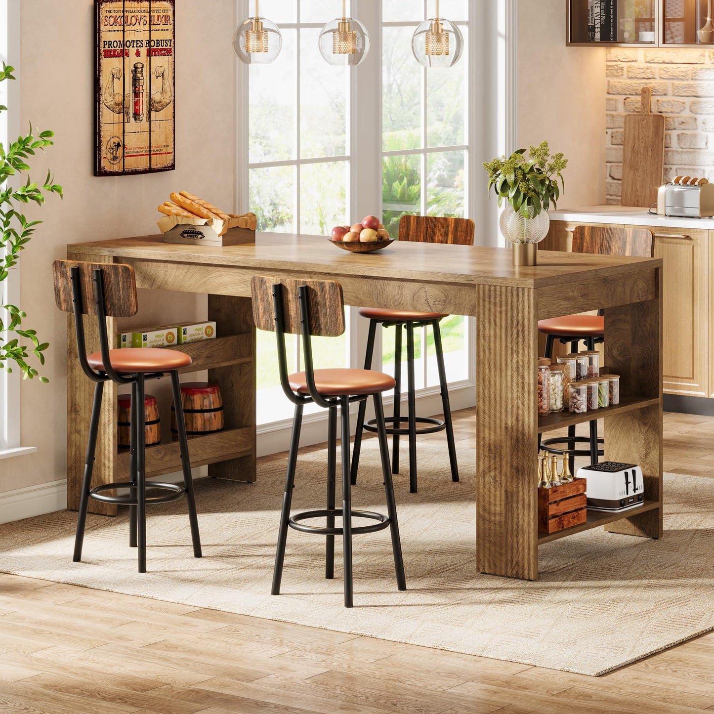 Tribesigns 63-Inch Kitchen Island with Storage, Farmhouse Home Bar Table with Double-Sided Storage Shelves, Large Stationary Island Table for Kitchen, Dining Room, Living Room (Natural)