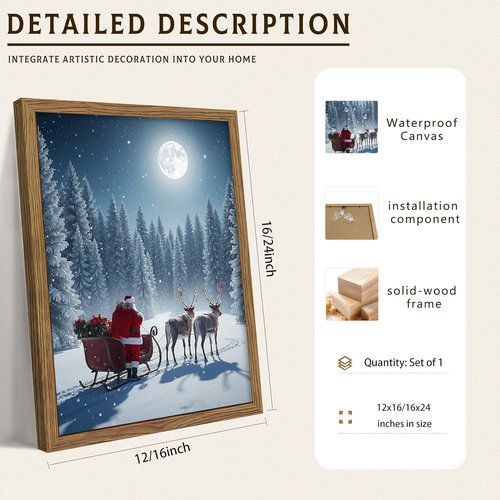 Framed Christmas Wall Decor - Santa Claus Canvas Print with Winter Scene | 16x24in