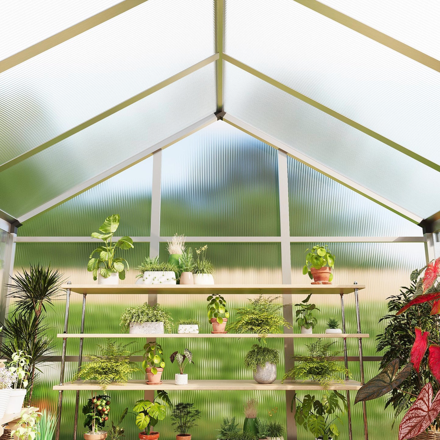 8x12 FT Greenhouse, Easy Assembly Aluminum Polycarbonate Greenhouses for Outdoors with Roof Vent, Large Aluminum Walk-in Greenhouse for Sunroom Patio, Backyard, Garden, Sliding Lockable Door, Silver