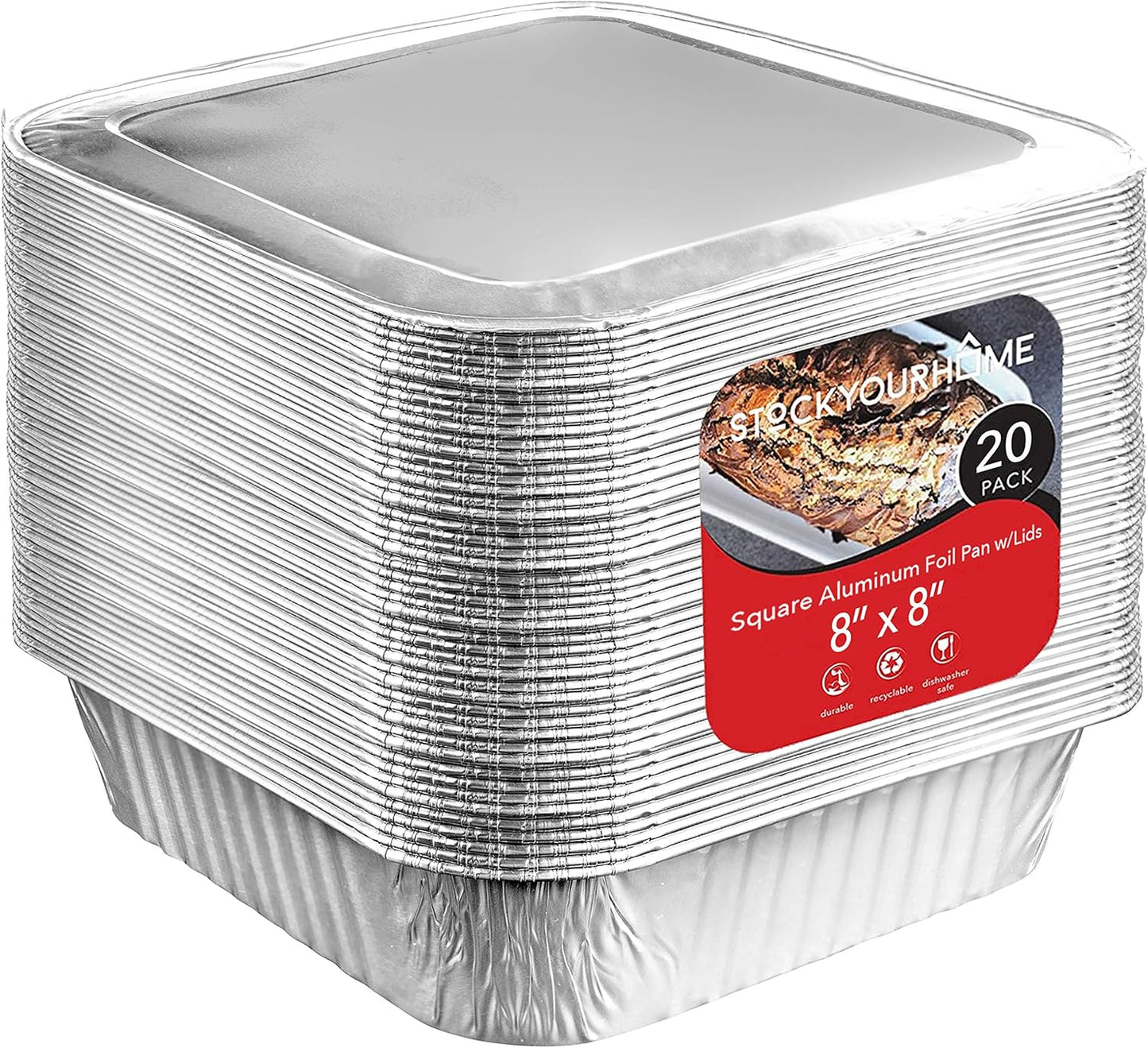 Stock Your Home 8x8 Foil Pans with Lids - 20 Pack of 8-Inch Square Aluminum Baking Containers