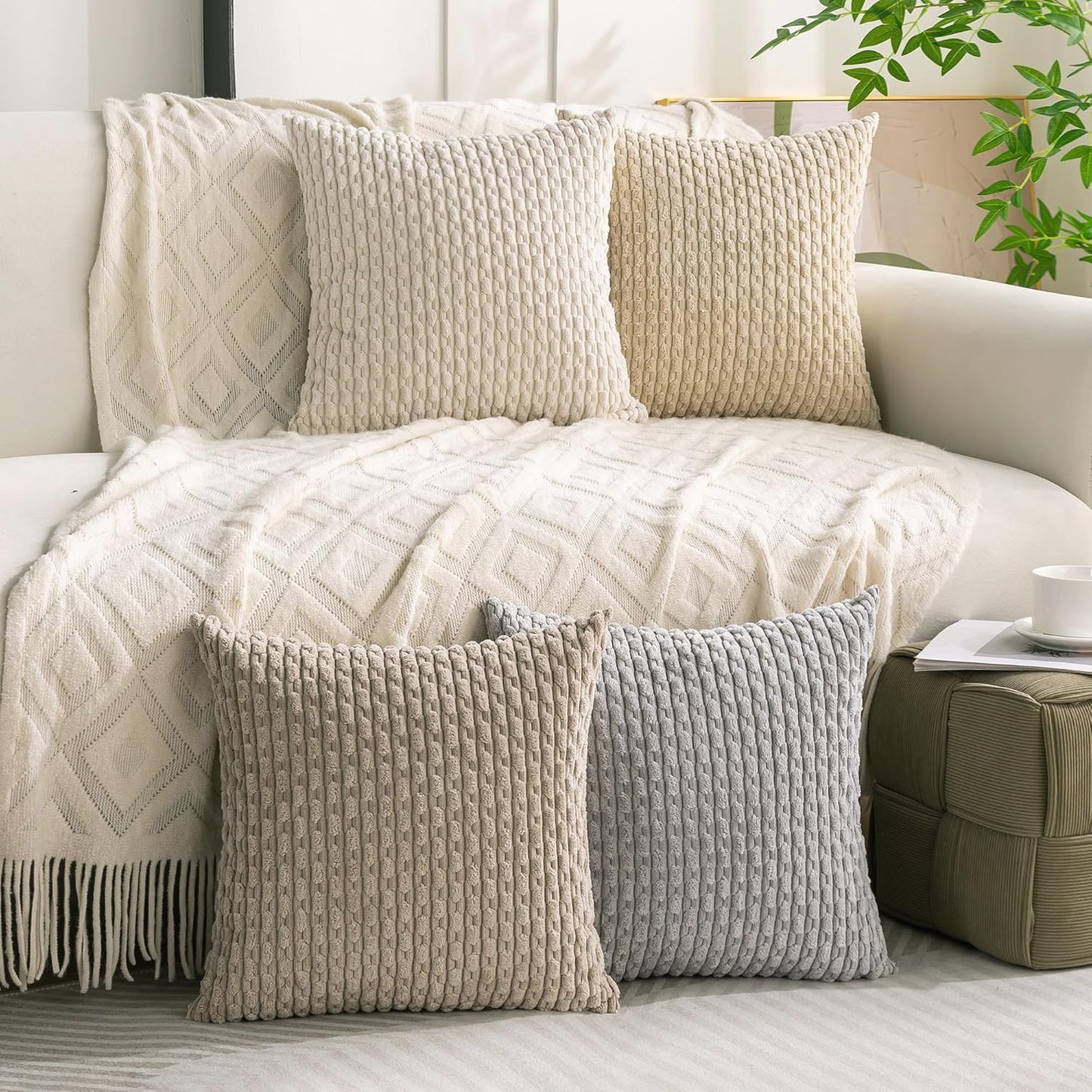 Skiennix Set of 4 Neutral Decorative Throw Pillow Covers - Soft Corduroy 18x18 Inch Cushion Cases for Sofa & Bed