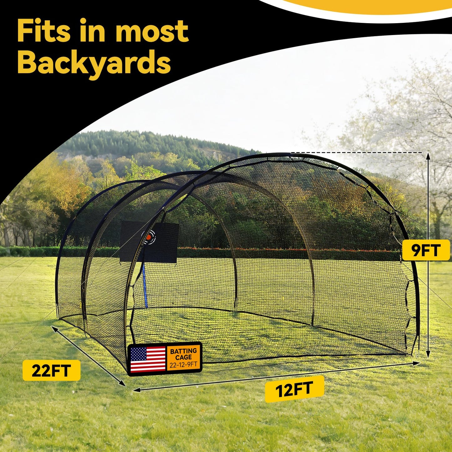 Batting Cages for Backyard, 22FT Baseball Cage with Heavy-Duty Net Portable Backyard Batting Cage for BaseballSoftball Training 4-Layer Polyester Complimentary Handbag