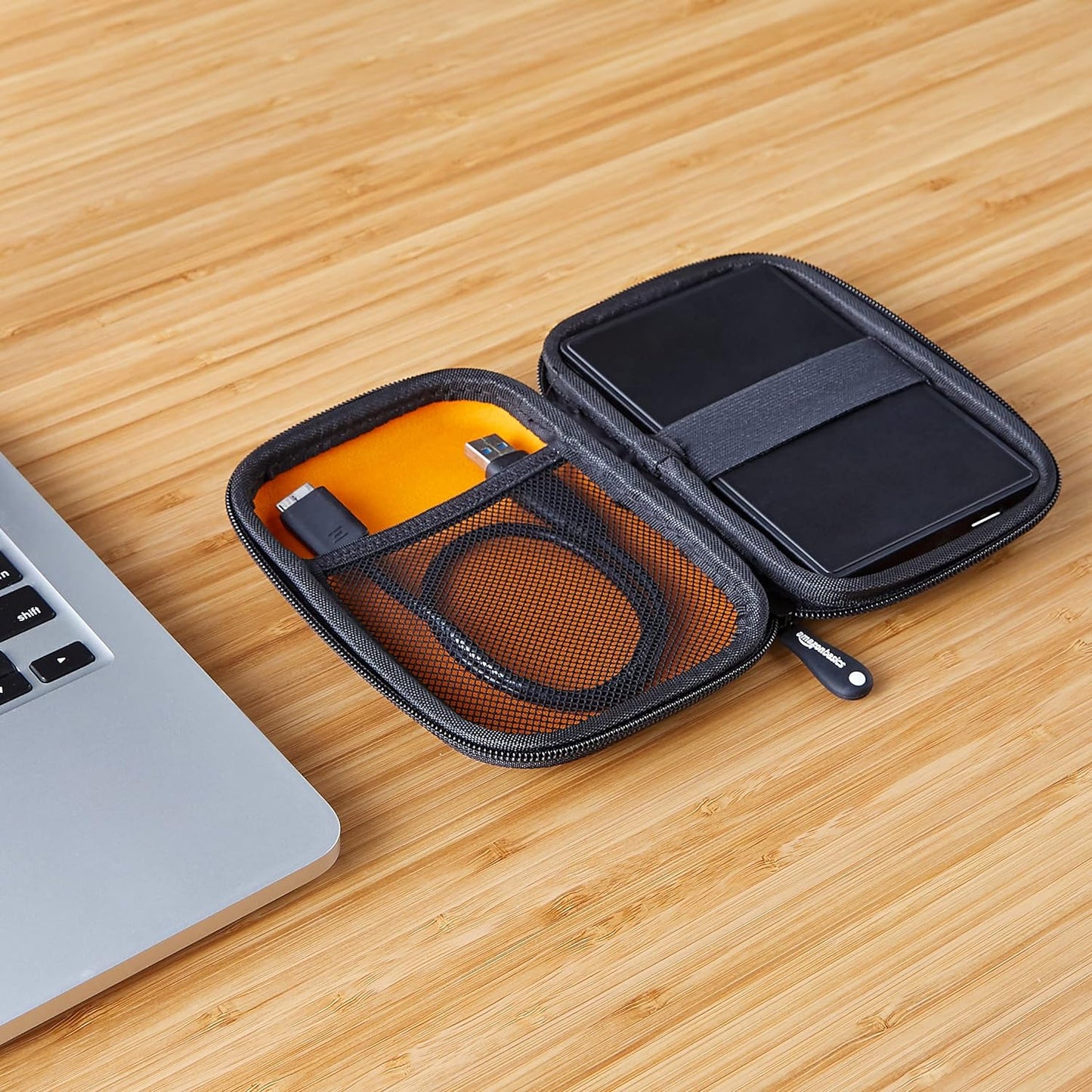 Amazon Basics Compact Black Hard Drive Carrying Case with Secure Strap and Mesh Storage